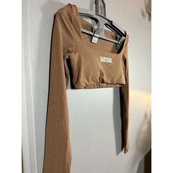 BABYGIRL Apparel Brown Sports Gym Athletic Long Sleeve Square Neck Crop Top S - Picture 3 of 9